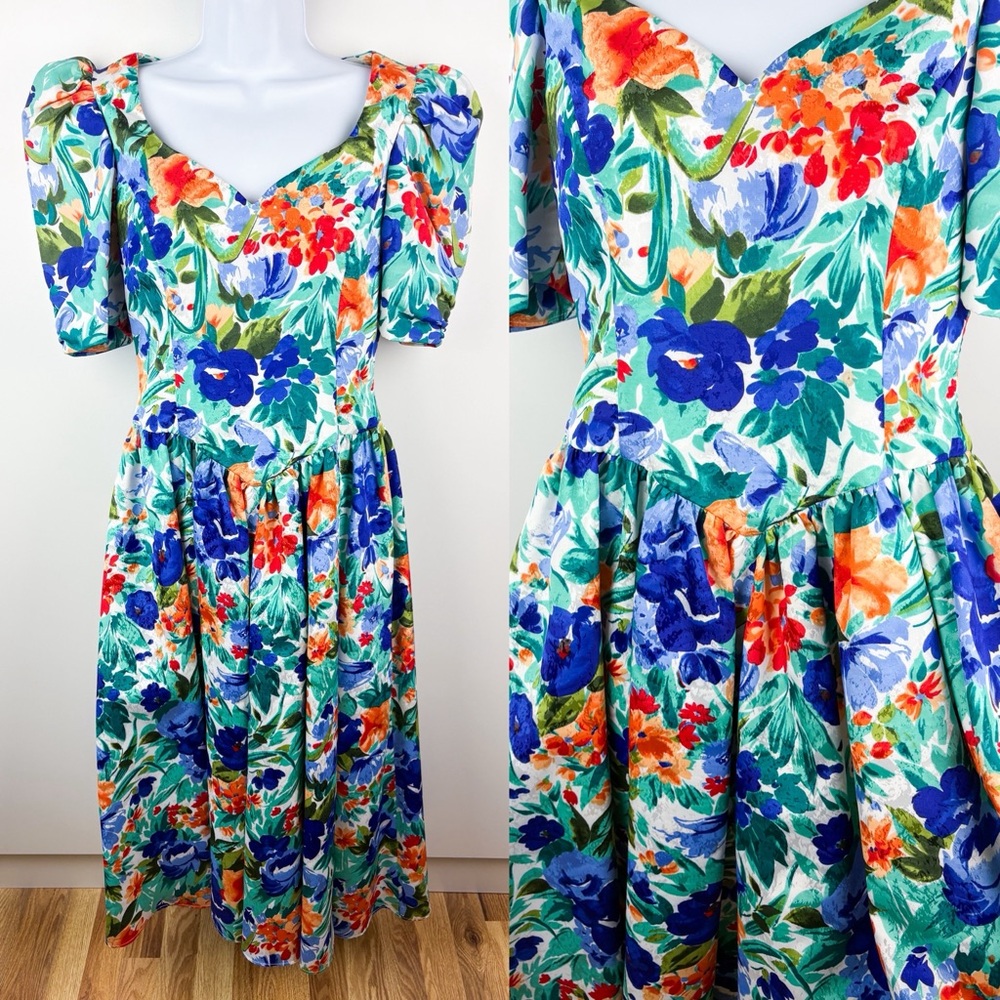 Vintage 80s Floral Basque Waist Pleated Puff Sleeve Midi Dress Golden Girls Blue - Picture 9 of 9